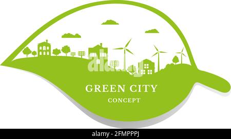 Ecological city and environment conservation. Concept green city with renewable energy sources. Green city with trees, wind energy and solar panels. Stock Vector