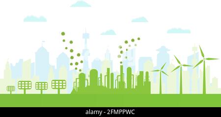 Silhouette of ecological city. Environmentally friendly production. Green energy with wind energy and solar panels. Concept environment conservation. Stock Vector