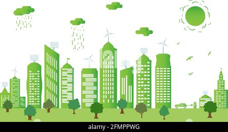 Ecological city and environment conservation. Green city silhouette with trees, wind energy and solar panels. Concept of environment conservation. Stock Vector