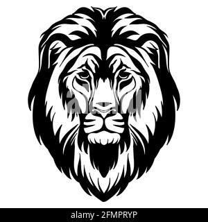 Mascot. Head of lion. Vector illustration black color front view of wild cat isolated on white background. For decoration, print, design, logo, sport Stock Vector