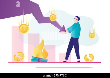 Businessman stops falling arrow. Bankruptcy concept. Financial crisis and burnout savings. Drop profits and devaluation. Economic problems and investm Stock Vector