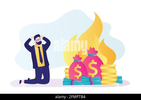 Upset businessman kneeling. Finances are burning up. Global financial crisis, inflation. Bankruptcy concept. Inability to do business and pay bills. M Stock Vector