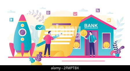 Businessman signs loan agreement. Investment in a new startup. Bank building and business people. Credit manager giving money. Loan process concept. M Stock Vector