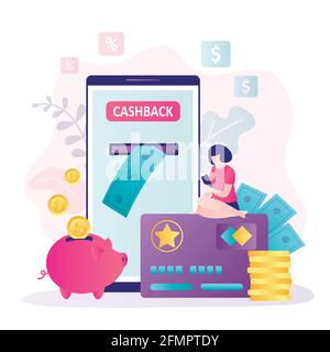Woman customer use smartphone, online banking app on screen. Wallet and piggy bank with money. Cashback concept. Bonus card,loyalty program. Reward, m Stock Vector