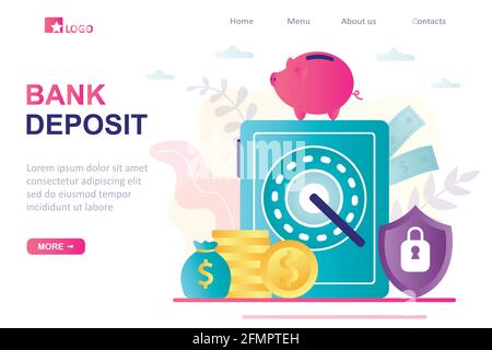 Bank deposit landing page template for web. Deposit safe, piggy bank and golden coins. Concept saving money, protections cash and banking. Finance sec Stock Vector