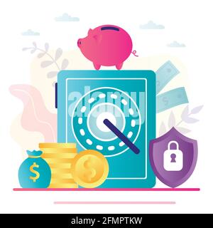 Deposit safe, piggy bank and golden coins. Concept saving money, protections cash and banking. Finance security, strongbox. Idea of bank financing, fi Stock Vector