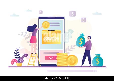 Business people donate money via smartphone. Donating by online payment. Charity fundraising concept. Businesswoman putting coin in donation box. Male Stock Vector
