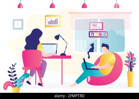 Businesspeople or bloggers work from home. Male and female freelancers use laptops for job. Love couple doing distance working. Room interior. Charact Stock Vector
