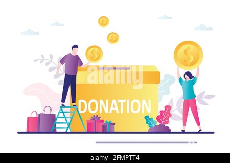 Male volunteer puts gold coin into donation box. Business people donate money. Concept charity fundraising, financial support and sponsorship. Help to Stock Vector