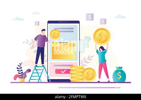 Business people donate money via smartphone. Donating money by online payment. Charity fundraising concept. Businessman putting dollar in donation box Stock Vector