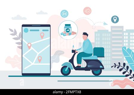 Deliveryman on motorcycle. Medical drugs delivery at home, online pharmacy. Medicine, healthcare and drugstore. Prescription medicines.Smartphone with Stock Vector