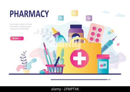 Bag with different medical pills and bottles. Healthcare, pharmacy landing page template. First aid kit, medicine chest. Drug medication and supplemen Stock Vector
