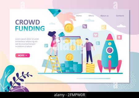 Crowdfunding landing page template, launch new startup. Businesspeople donations money for new project, investment concept. Rocket ready to start.Vent Stock Vector