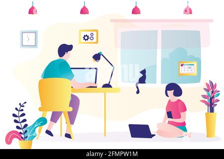 Businesspeople work from home. Male and female freelancers use laptops for job. Love couple doing distance working. Room interior. Characters in trend Stock Vector