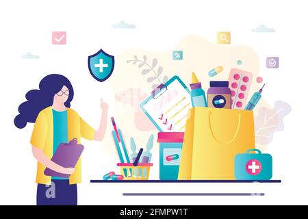 Pharmacist sells drugs. Nurse working in drugstore.Farmacy and healthcare concept. Medical bag with pills, termometr, syringe and bottles. First aid k Stock Vector