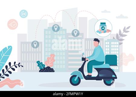 Deliveryman on motorcycle. Medical drugs delivery at home. Concept online pharmacy. Medicine, healthcare and drugstore. Prescription medicines. Banner Stock Vector