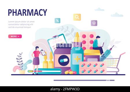 Man and woman buying medications. Online pharmacy site design. Healthcare,drugstore concept. Different collection drugs, pills and bottles. Business c Stock Vector