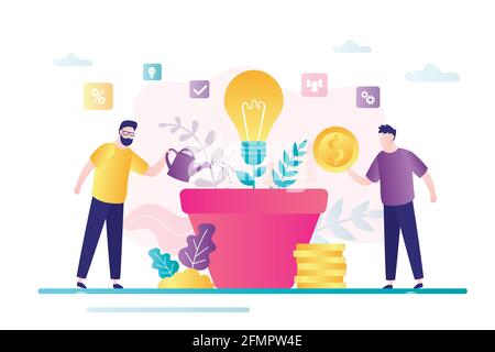 Tiny team grows best business idea. Male characters invest in new idea. Concept making money. Each contributes development project. Crowdfunding and i Stock Vector