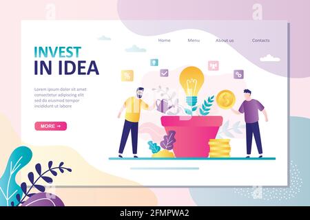Business team investing in common idea. Tiny businesspeople grow an new idea. Innovative Investment Landing Page. Each contributes development project Stock Vector