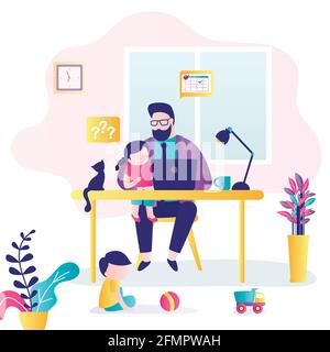 Remote work. Businessman at workplace with children. Dad can’t work productively, children interfere with concentration. Multitasking concept. Room in Stock Vector