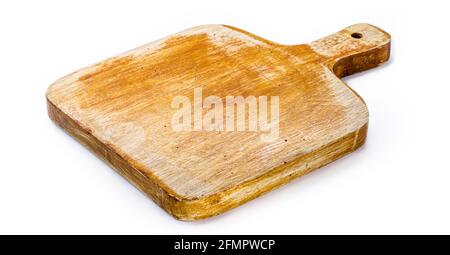 chopping board, handmade wooden kitchen board, vintage rustic kitchen utensil, isolated white background Stock Photo