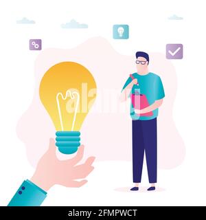 Big hand give new idea. Businessman looking for new ideas, project development. Teamwork, startup concept. Investment in innovation. Brainstorming ban Stock Vector
