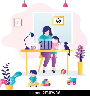 Remote work. Woman at workplace with children. Mom can’t work productively, children interfere with concentration. Multitasking concept. Room interior Stock Vector