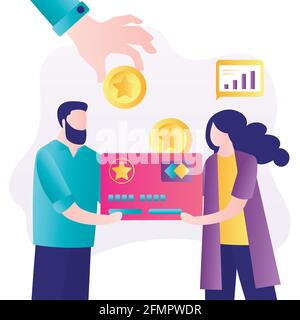 Man and woman hold bonus card. Clients loyalty programs as part of customer return marketing. Increase in points on discount card. Hand throws golden Stock Vector