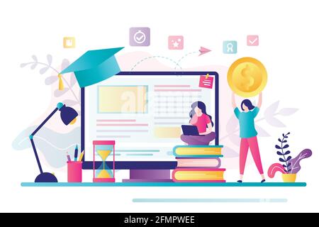 Female character investing money in education. Student sitting with laptop and upgrade skills. Investment in knowledge concept. Learning student. Educ Stock Vector