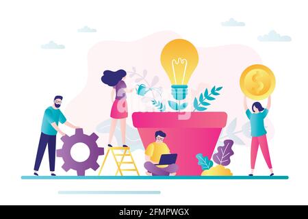 Tiny businesspeople grows business idea. Business characters invest in new idea. Concept making money. Teamwork, development project. Crowdfunding, in Stock Vector