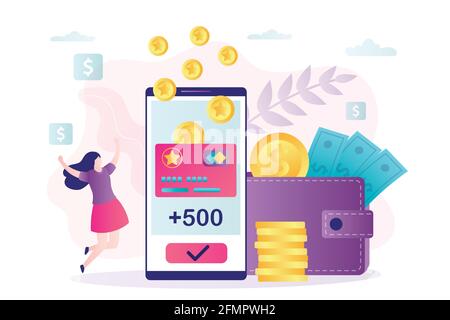 Female character rejoices in new accrued bonuses. Loyalty program, woman customer get rewards. Earn points concept. Phone screen with cashback and bon Stock Vector