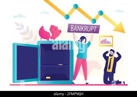Accountant woman declares company bankruptcy. Male character investor loss savings. Falling profits, down arrow chart graph, bankrupt finance fall. Bu Stock Vector