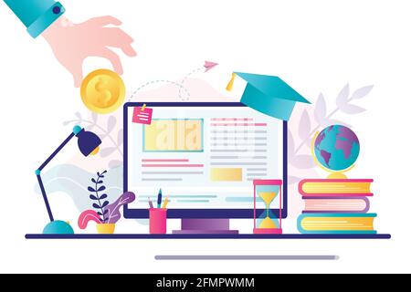 Workplace with modern computer and stacks of books. Hand holding gold coin. Investing in education. Knowledge,online courses. Investment banner, stude Stock Vector