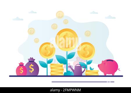 Money trees, piggy bank and bags of coins. Venture fund, investment concept banner. Bank development, economics strategy. Accumulation of money, prese Stock Vector