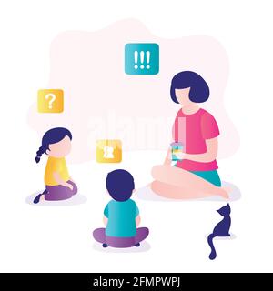 Woman talking with kids. Teacher communicate children. Education process. Relationship concept. People characters in trendy style. People are sitting Stock Vector