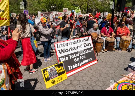 Activists representing multiple organizations gather in Union Square Park to celebrate International Workers, Day, May Day, on Saturday, May 1, 2021.  (© Richard B. Levine) Stock Photo