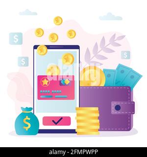 Phone screen with bonus card and cashback for clients. Concept of loyalty program and earning points. Reward program banner. Reward gifts and money fo Stock Vector