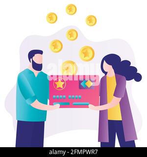 Couple holding discount card. Concept of loyalty marketing program and customer service. Man and woman save money on bonus card. Cashback, online shop Stock Vector