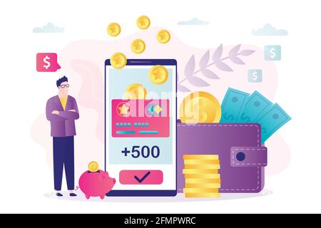 Man client received new bonuses on virtual card. Loyalty program, cashback and earn points. Reward program, bonus card and male character in trendy st Stock Vector