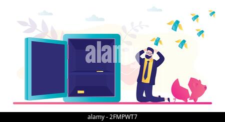 Businessman bankrupt. Young man losing money. Financial problems concept. Global economy crisis. Idea of bankruptcy and business trouble. Male charact Stock Vector
