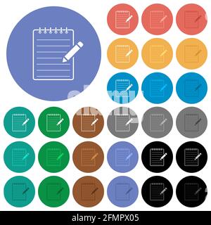Spiral notepad with pencil multi colored flat icons on round backgrounds. Included white, light and dark icon variations for hover and active status e Stock Vector