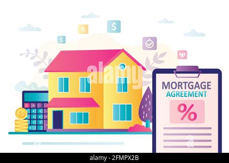 Banner concept of house loan or money investment to real estate. Mortgage agreement and finance management. Apartment with financial document, interes Stock Vector