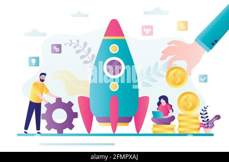 Startup development concept. Group of business people create new business. Investing in new company. Rocket getting ready to launch. Teamwork and brai Stock Vector
