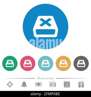 Uninstall flat white icons on round color backgrounds. 6 bonus icons included. Stock Vector