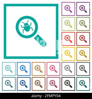 Bug tracking flat color icons with quadrant frames on white background Stock Vector