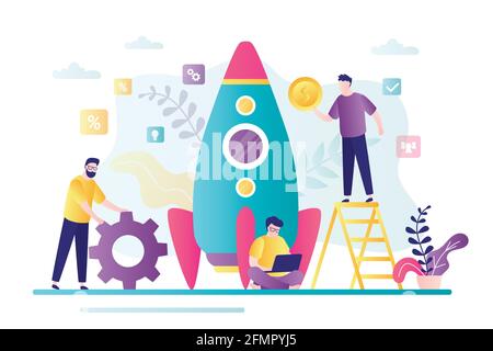 Startup development concept. Group of business people create new business. Investing in new company. Rocket getting ready to launch. Teamwork and brai Stock Vector