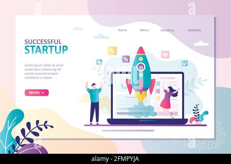 Successful startup landing page template. Rocket takeoff on laptop screen. Happy businesspeople or investors. New business development,teamwork. Achie Stock Vector