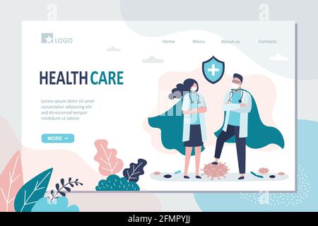 Healthcare landing page template. Happy superhero doctors defeated coronavirus, viruses and diseases. Covid-19 Pandemic stop, vaccination. Medical sta Stock Vector