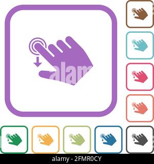 Right handed slide down gesture simple icons in color rounded square frames on white background Stock Vector