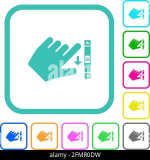 Left handed scroll down gesture vivid colored flat icons in curved borders on white background Stock Vector